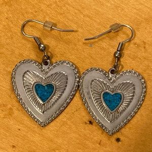 Vintage Crushed Turquoise Heart Dangle Earrings